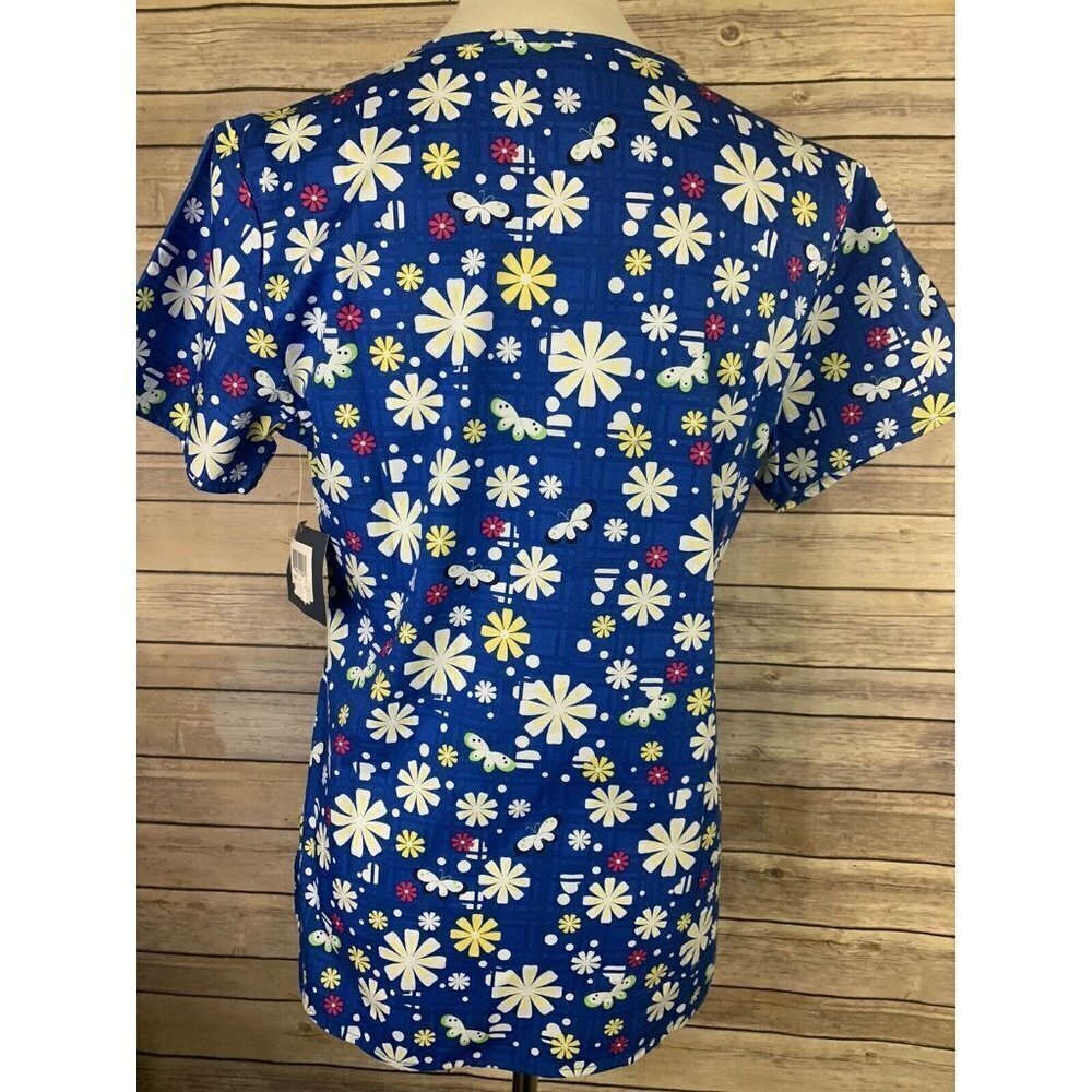 Zoe Chloe NWT Scrub Top Small Blue Floral Butterfly Dot Print V Neck Nursing - Picture 6 of 9